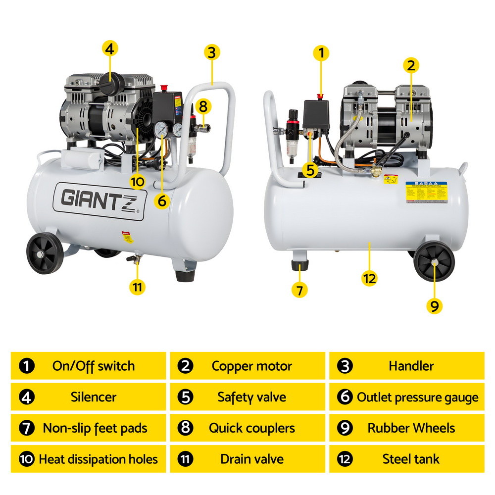 Quiet Air Compressor | 30L | 0.75HP Oil-Free | 40L/min Tyre Inflator