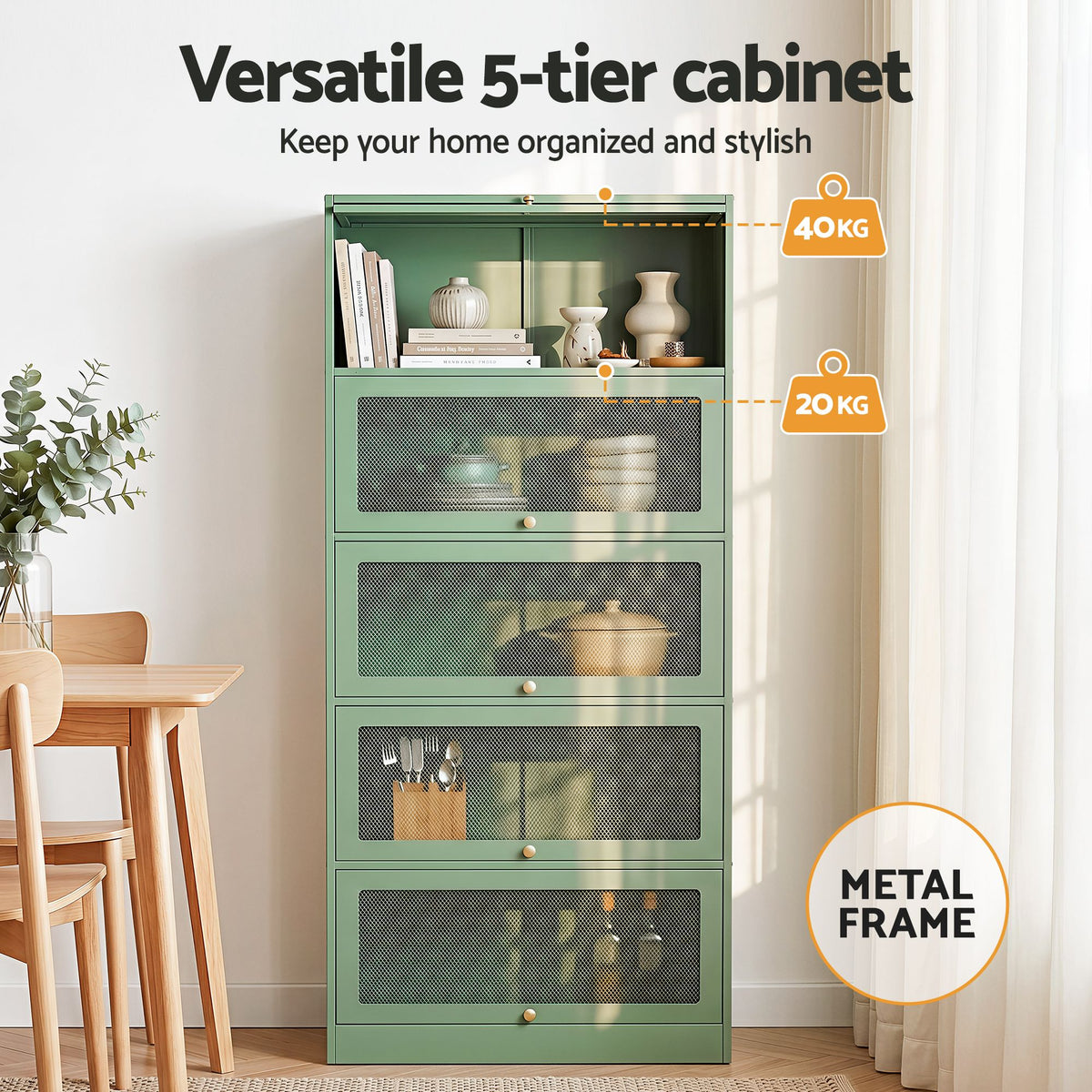 ArtissIn Buffet Sideboard Cupboard Cabinet Storage Mesh Doors Metal Green ELIA