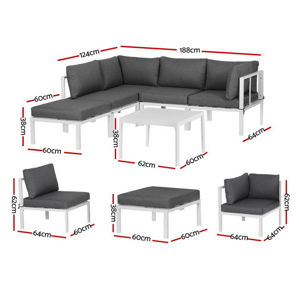 Gardeon Outdoor Sofa Set | 6PCS | Aluminium Frame | Patio Table + Chairs