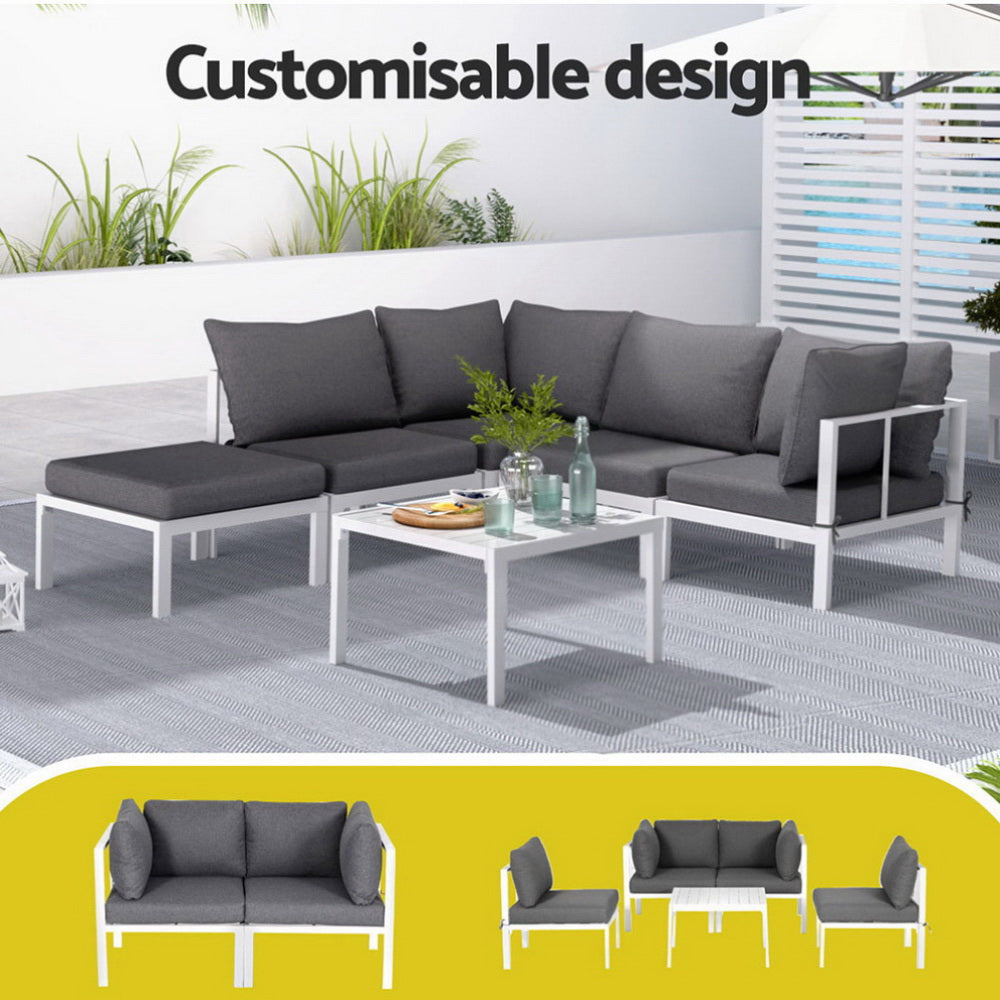 Gardeon Outdoor Sofa Set | 6PCS | Aluminium Frame | Patio Table + Chairs