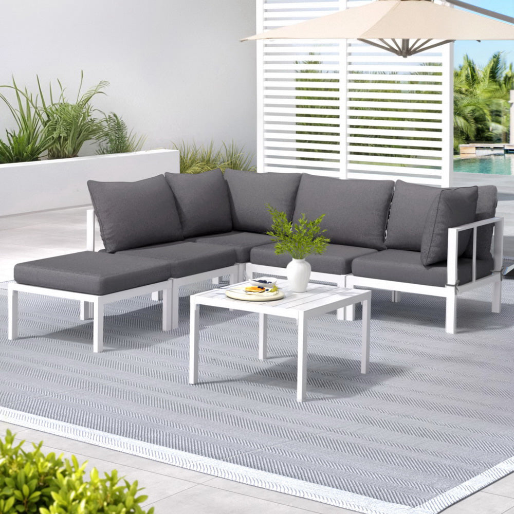 Gardeon Outdoor Sofa Set | 6PCS | Aluminium Frame | Patio Table + Chairs