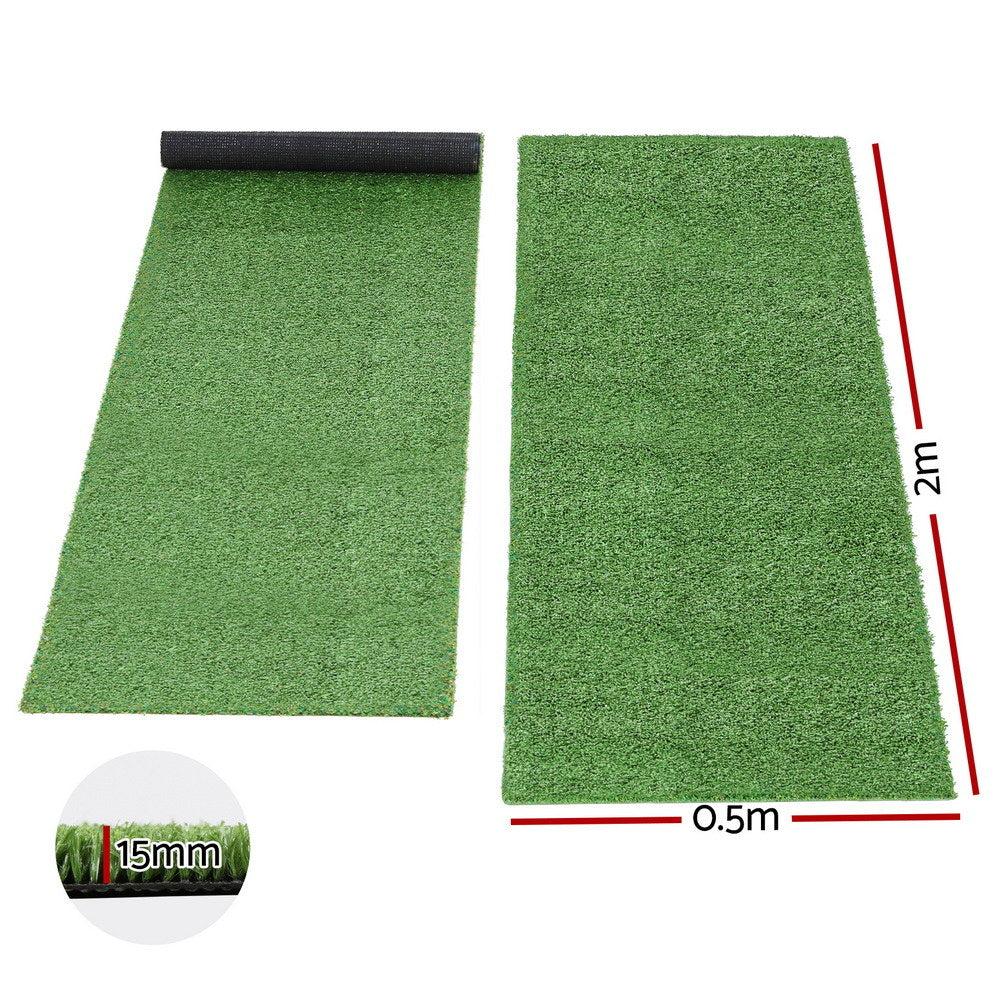 Artificial Grass Mat Set | 2 Rolls | 15mm Pile | 50cm x 2m | Indoor/Outdoor | Drainage Holes