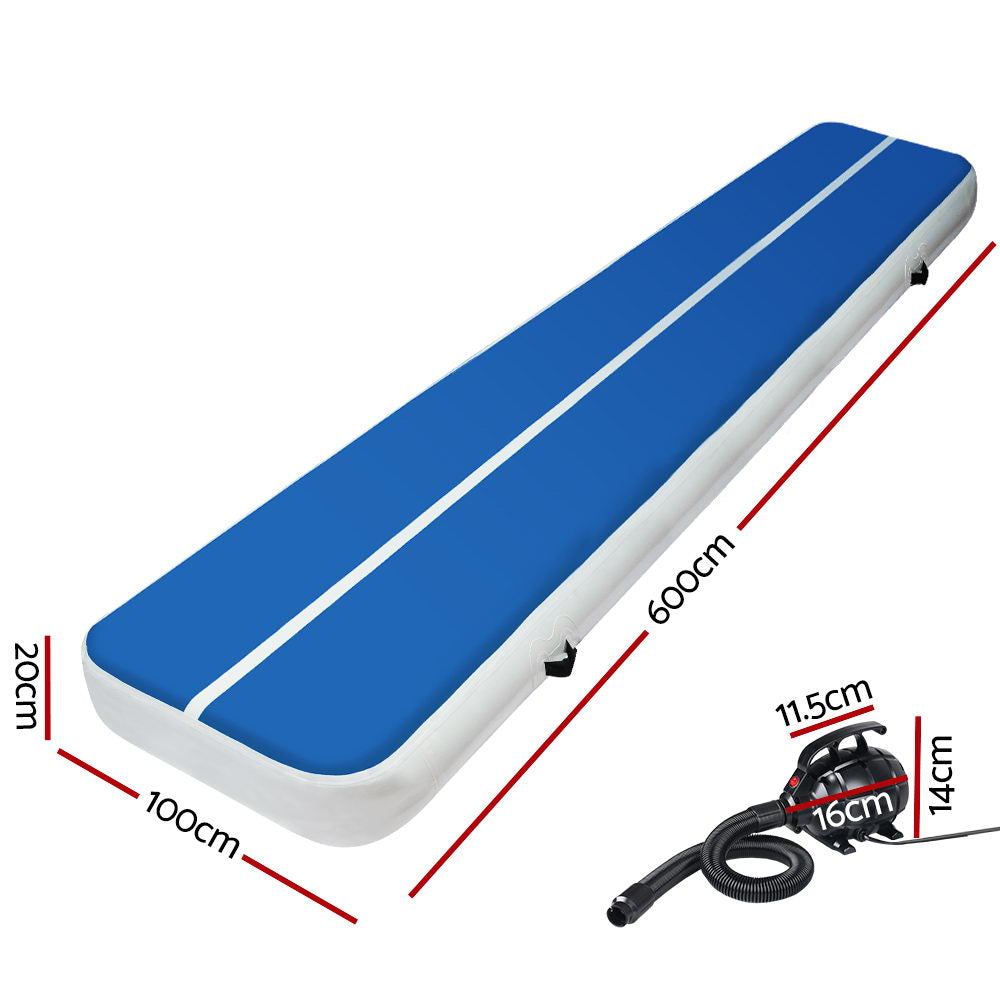 Everfit 6X1M Inflatable Air Track Mat | 20CM Thick | with Pump | Tumbling Gymnastics | Blue