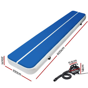 Everfit 6X1M Inflatable Air Track Mat | 20CM Thick | with Pump | Tumbling Gymnastics | Blue