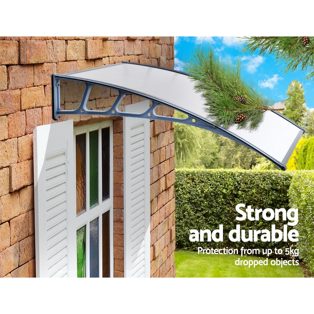 Window Door Awning Canopy | 1.5mx2m | Transparent Sheet | Grey Plastic Frame