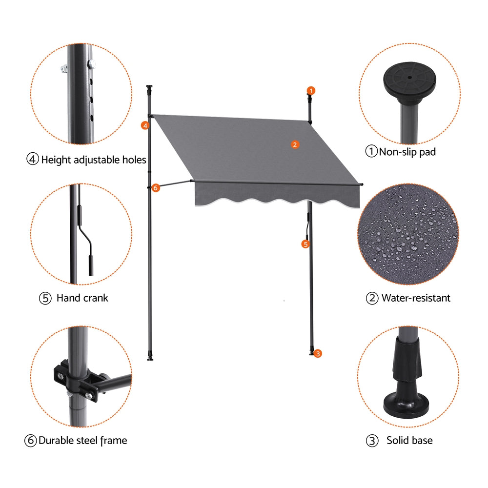 Fixed Pivot Arm Awning | 2.0 x 1.8m | Outdoor Door Canopy | Grey