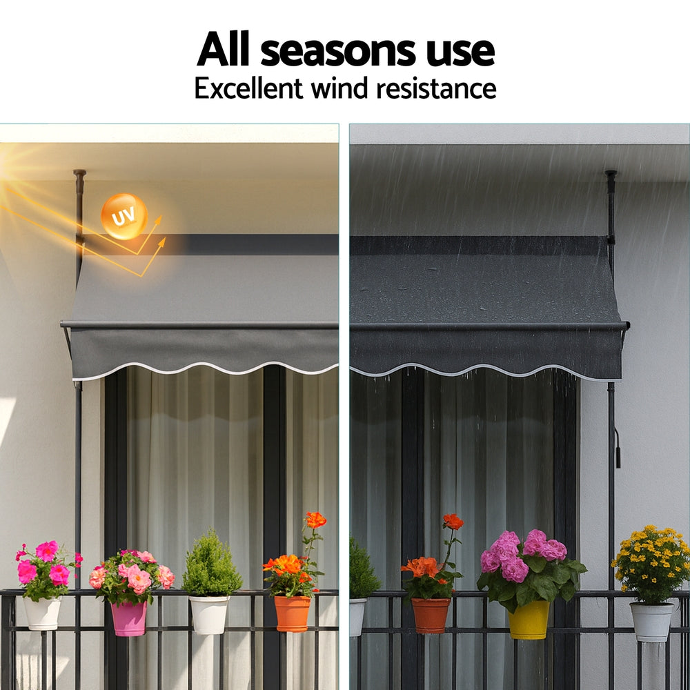 Fixed Pivot Arm Awning | 2.0 x 1.8m | Outdoor Door Canopy | Grey