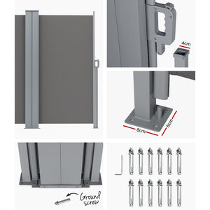 Instahut | Side Awning | Sun Shade Outdoor Retractable Privacy Screen | 1.8X6M | Grey
