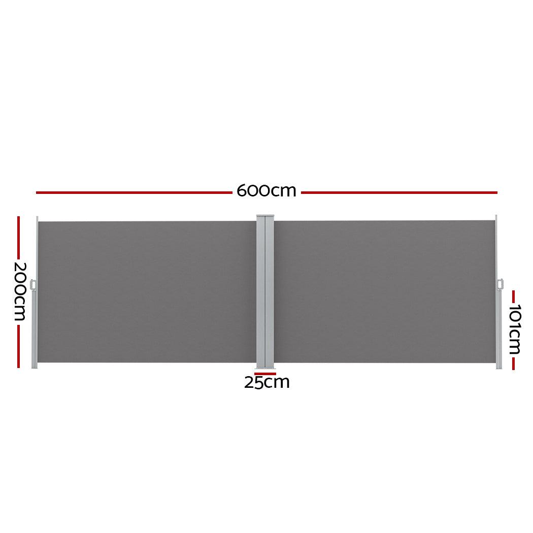 Side Awning | Sun Shade | Outdoor | Retractable Privacy Screen | 2x6M | Grey