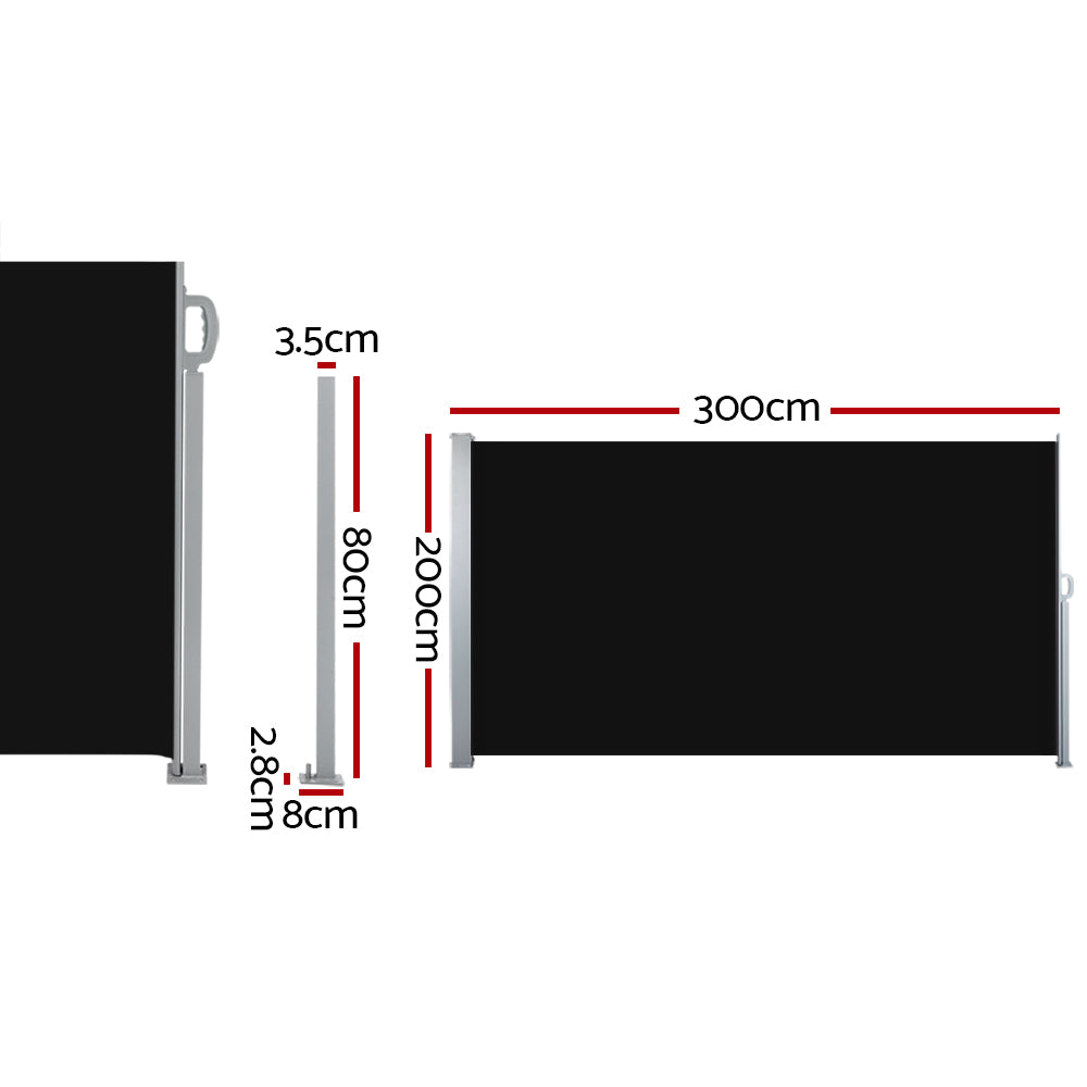 Side Awning Sun Shade | Outdoor Retractable Privacy Screen | 2x3M | Black