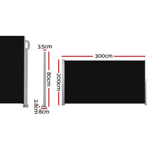 Side Awning Sun Shade | Outdoor Retractable Privacy Screen | 2x3M | Black