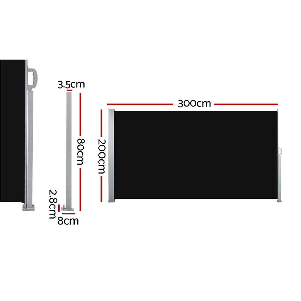 Side Awning | Sun Shade | Outdoor | Retractable Privacy Screen | 2x3M | Black x2