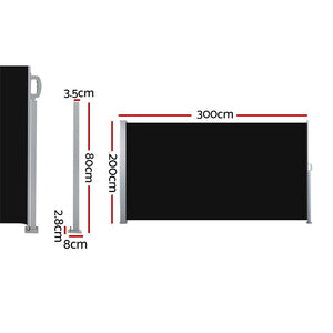 Side Awning | Sun Shade | Outdoor | Retractable Privacy Screen | 2x3M | Black x2