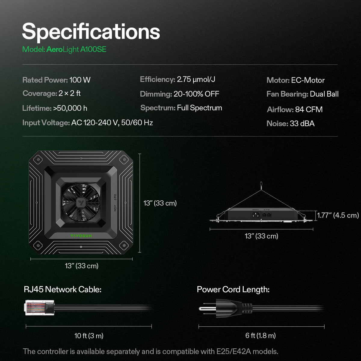 AeroLight Full Spectrum LED Grow Light | 100W | 2 x 2FT Coverage