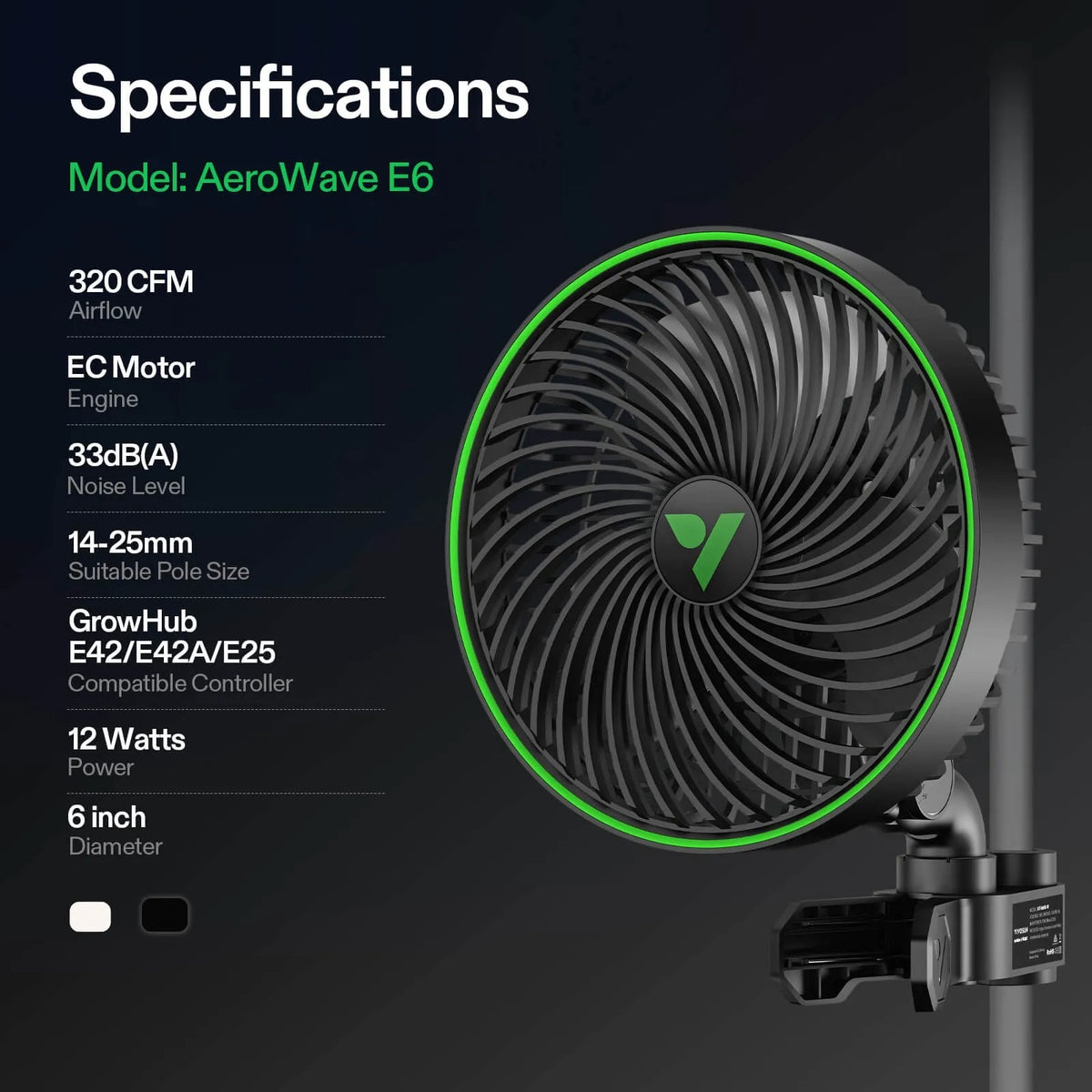 AeroWave E6 Gen2 6″ Clip Fan | EC Motor, Oscillating, Smart-Controlled Grow Tent Fan | 10 Speeds, IP54 Rated