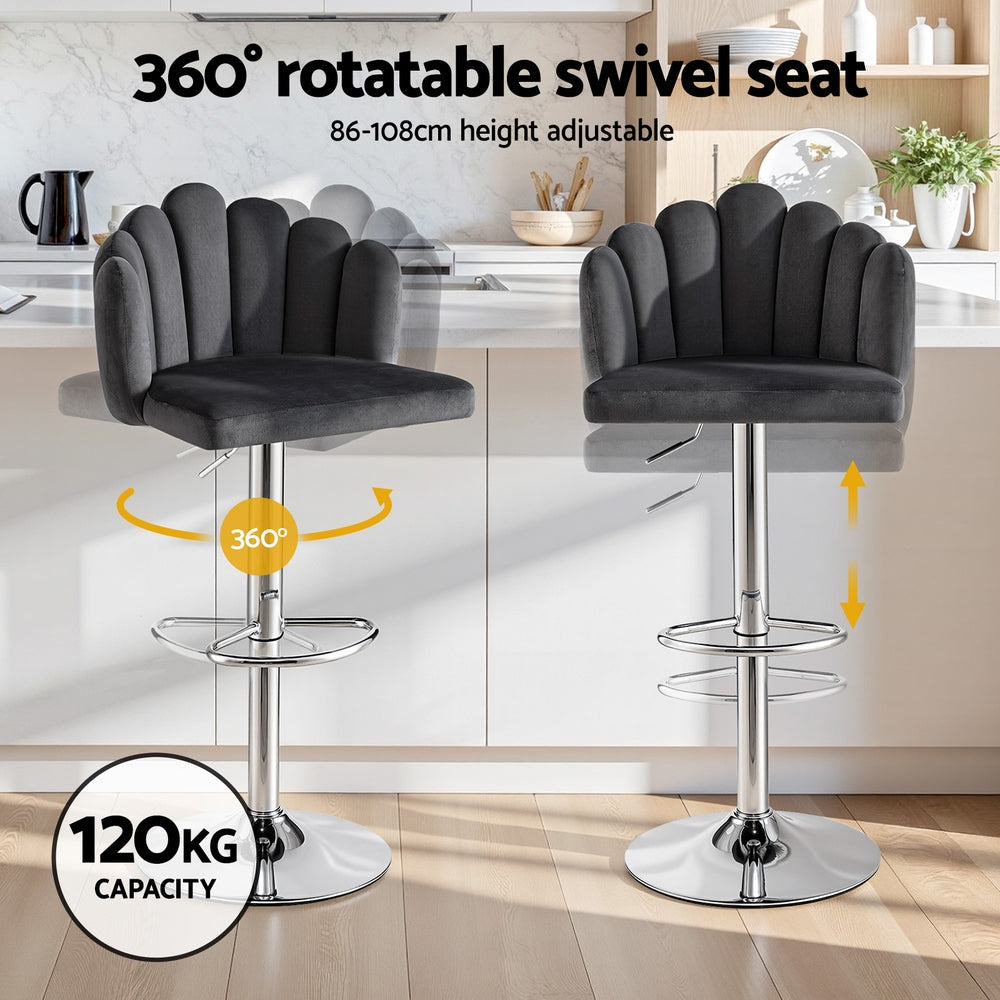 Bar Stools Set 2pc | Adjustable Gas Lift | Velvet | Grey