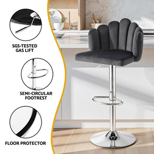 Bar Stools Set 2pc | Adjustable Gas Lift | Velvet | Grey