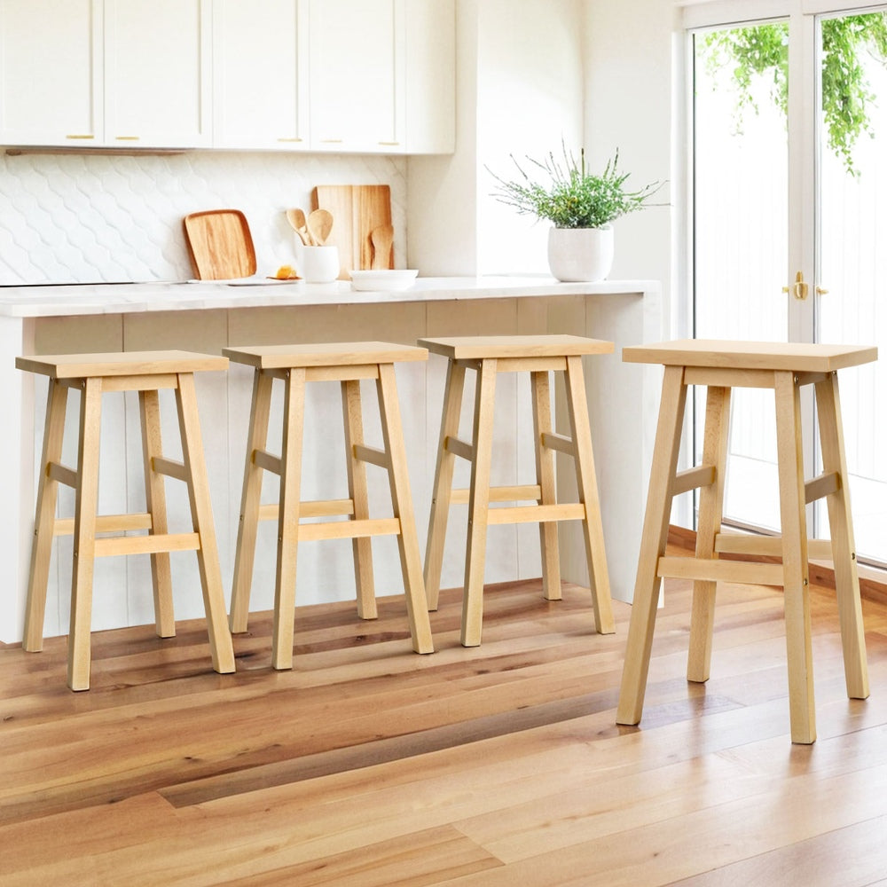 4x Bar Stools | Kitchen Chairs | Wooden | Natural Wood Finish