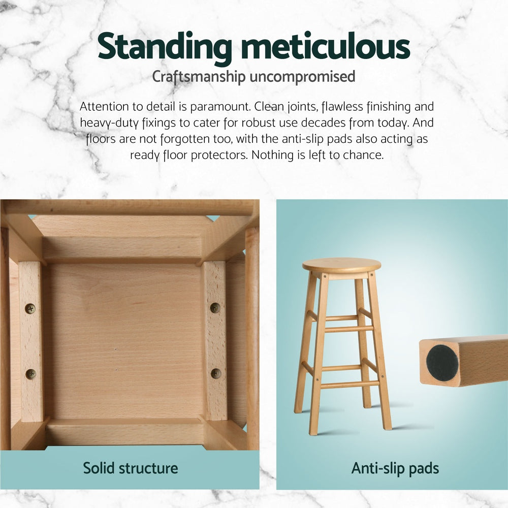 4x Bar Stools | Round Chairs | Wooden | Natural Finish