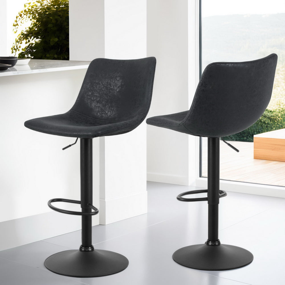 4x Bar Stools | Vintage Leather | Swivel | Gas Lift | Black