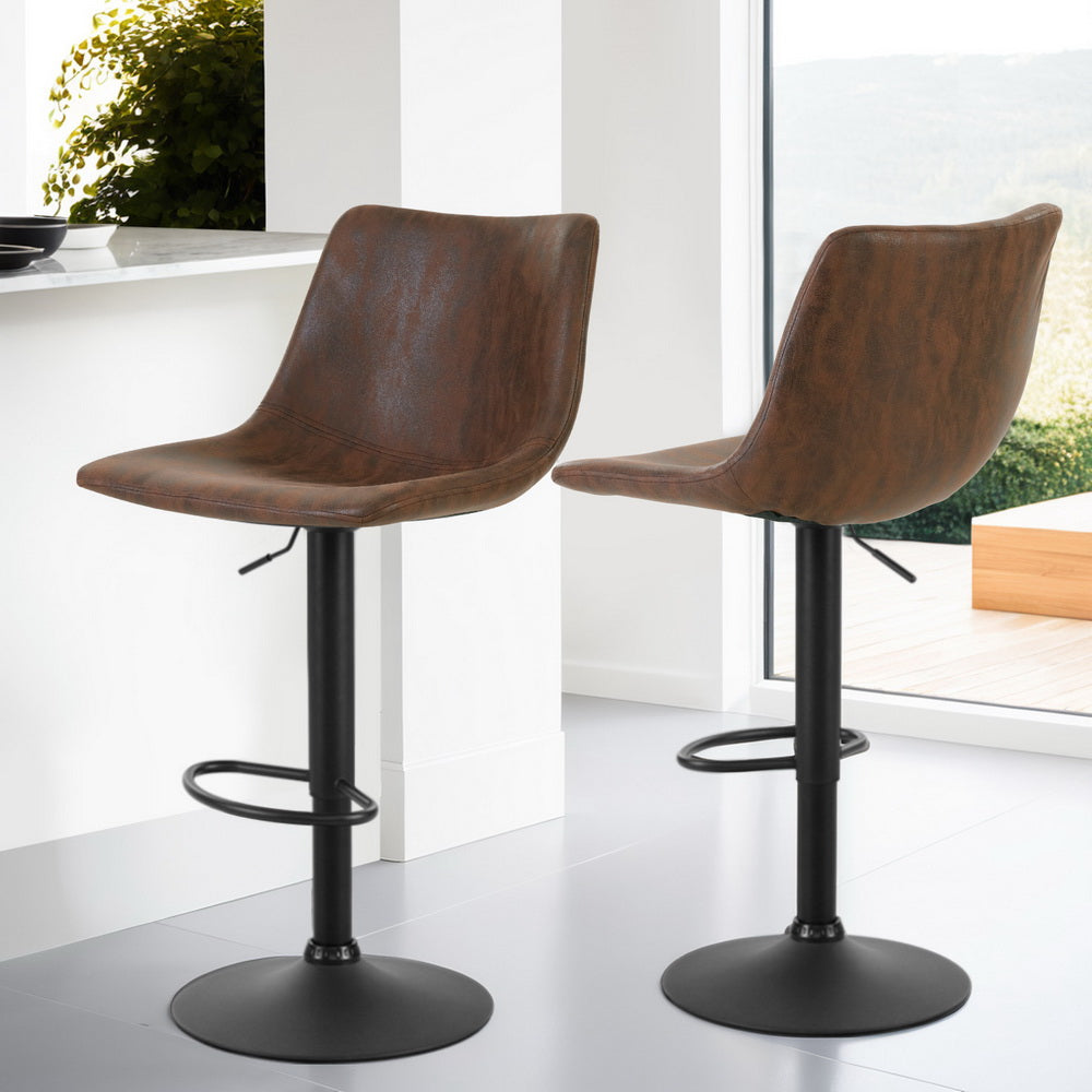 4x Bar Stools | Vintage Leather | Swivel | Gas Lift | Brown