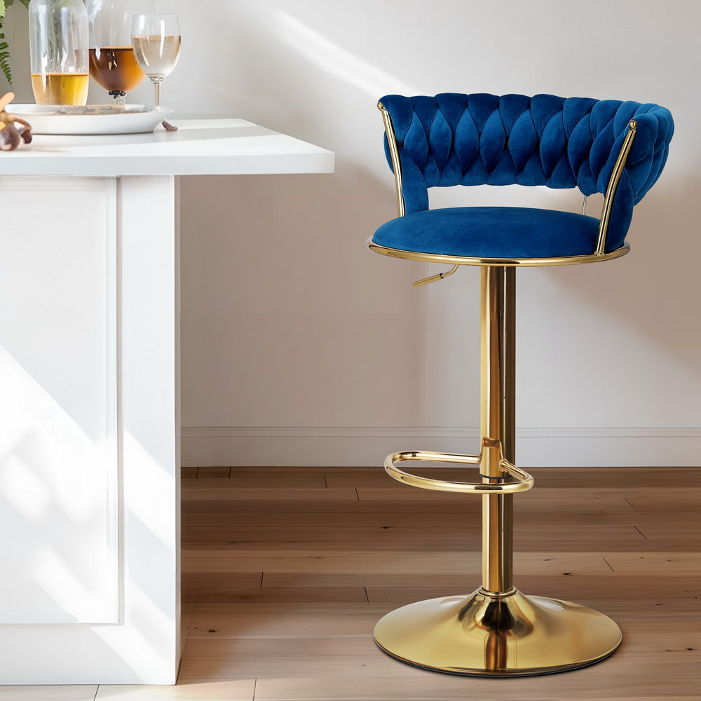 Bar Stools | Gas Lift | Velvet | Woven Backrest | Navy