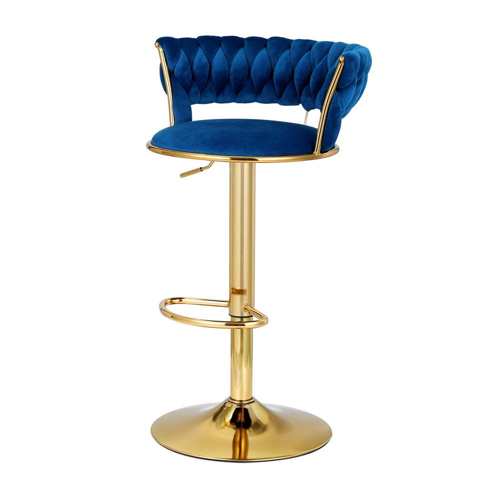 2x Bar Stools | Gas Lift | Velvet | Woven Backrest | Navy