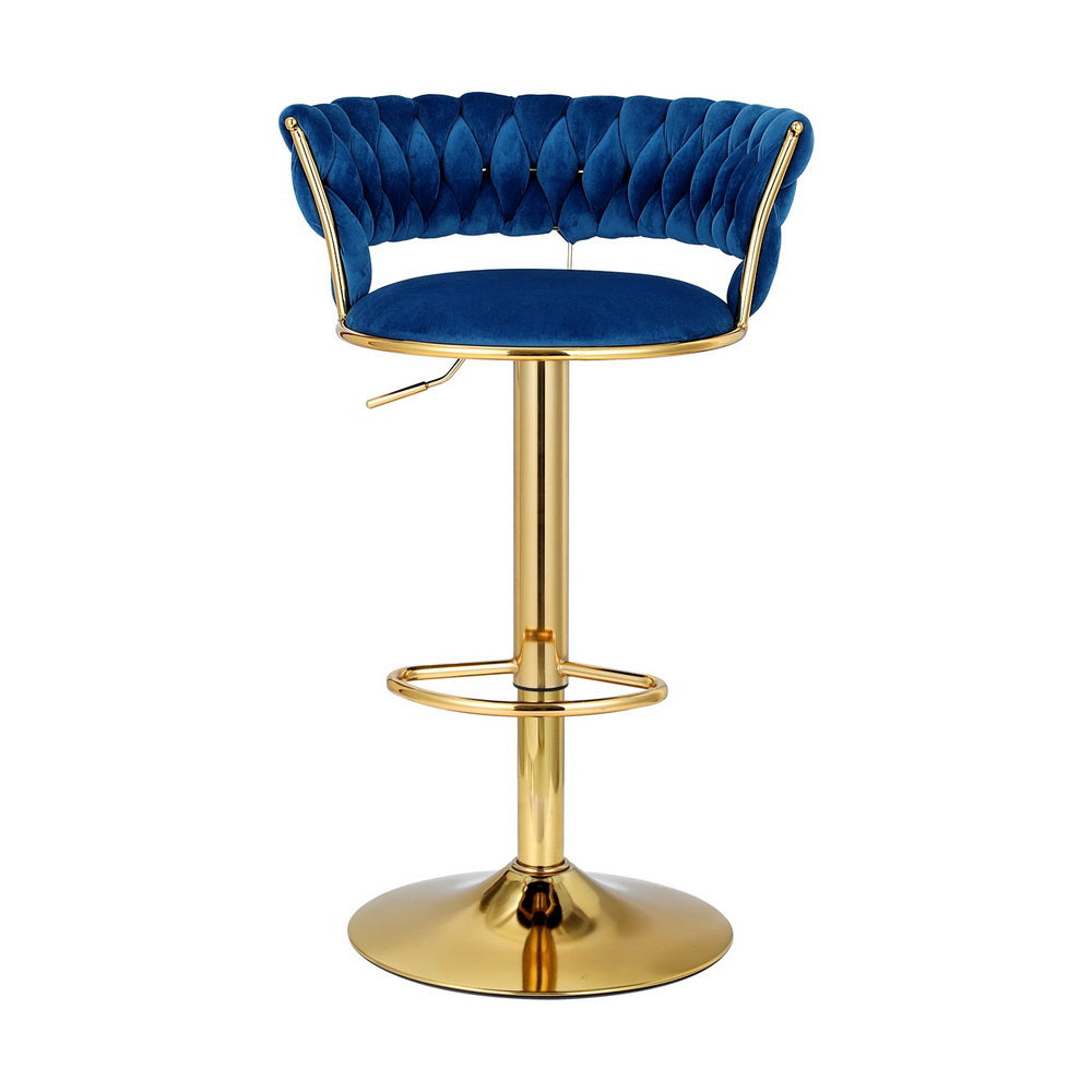 2x Bar Stools | Gas Lift | Velvet | Woven Backrest | Navy