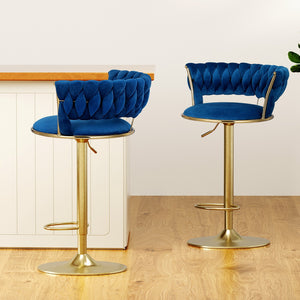 2x Bar Stools | Gas Lift | Velvet | Woven Backrest | Navy