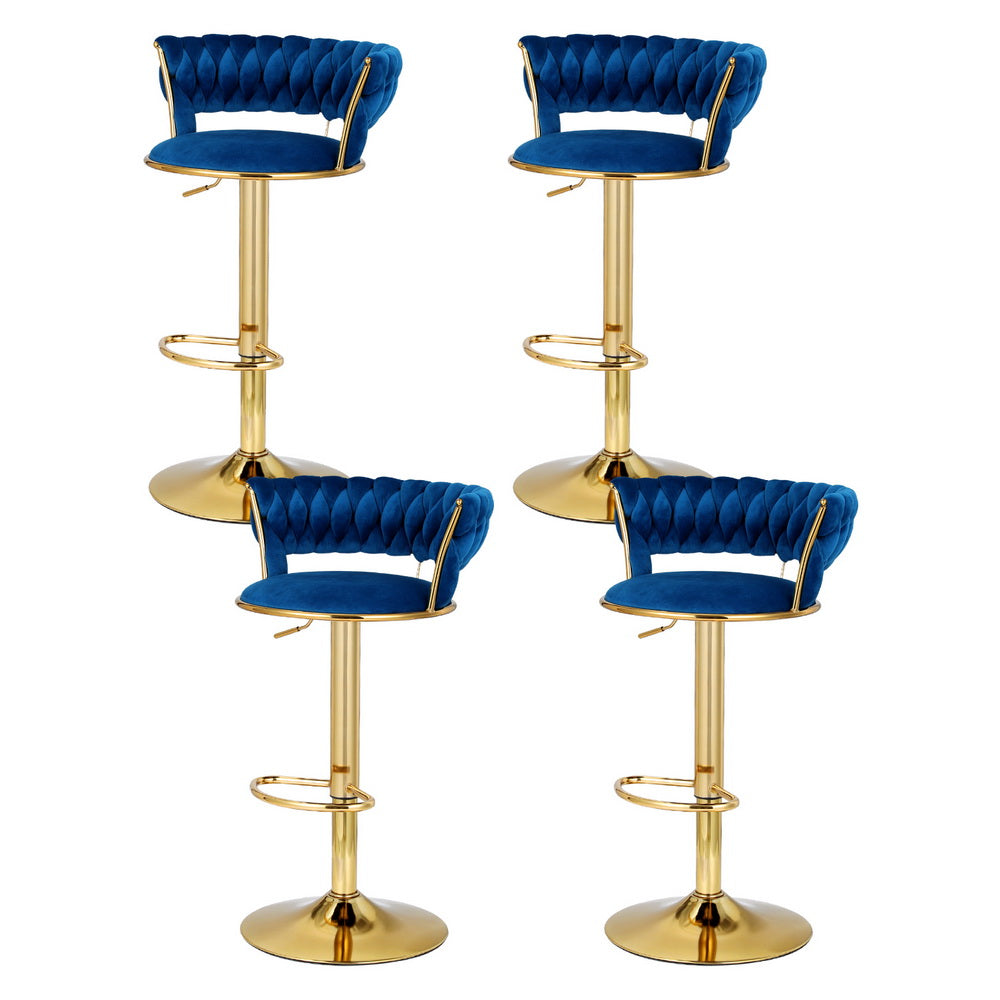 4x Bar Stools | Gas Lift | Velvet | Woven Backrest | Navy