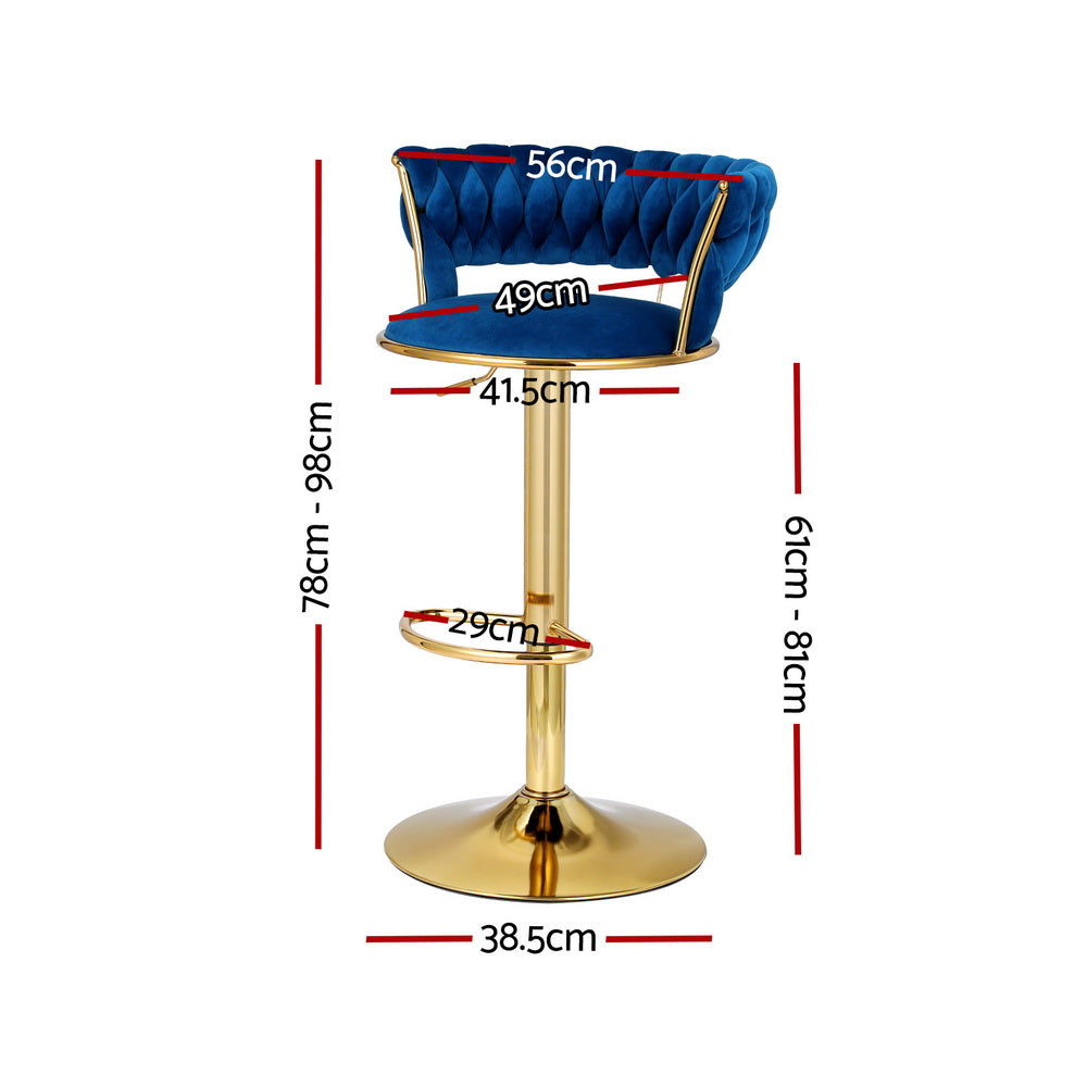 4x Bar Stools | Gas Lift | Velvet | Woven Backrest | Navy
