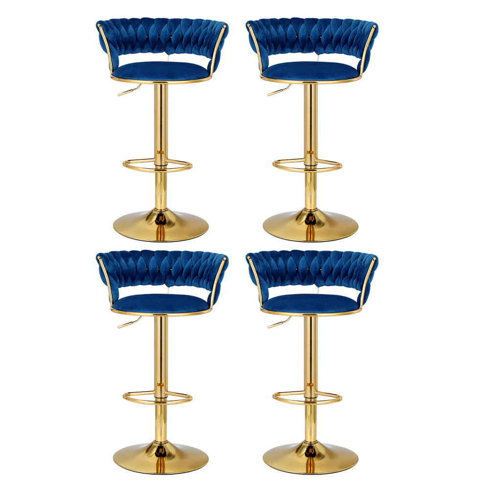 4x Bar Stools | Gas Lift | Velvet | Woven Backrest | Navy