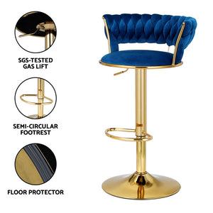 4x Bar Stools | Gas Lift | Velvet | Woven Backrest | Navy