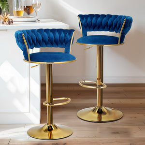 4x Bar Stools | Gas Lift | Velvet | Woven Backrest | Navy