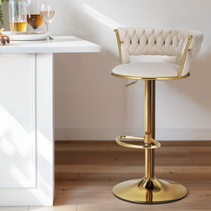 Bar Stools | Gas Lift | Velvet | Woven Backrest | Ivory
