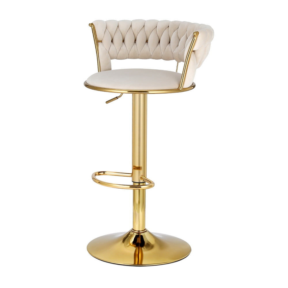 2x Bar Stools | Gas Lift | Velvet | Woven Backrest | Ivory