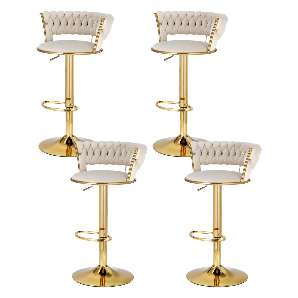 4x Bar Stools | Gas Lift | Velvet | Woven Backrest | Ivory