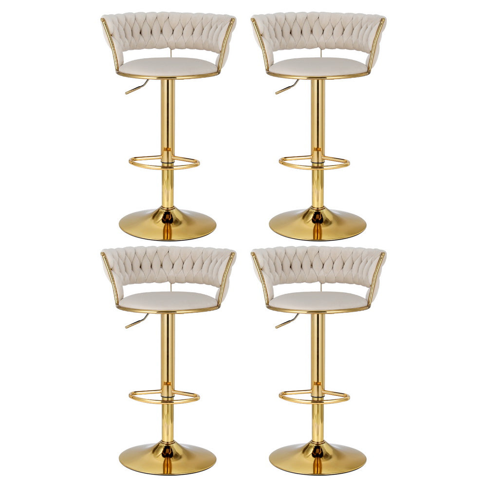 4x Bar Stools | Gas Lift | Velvet | Woven Backrest | Ivory