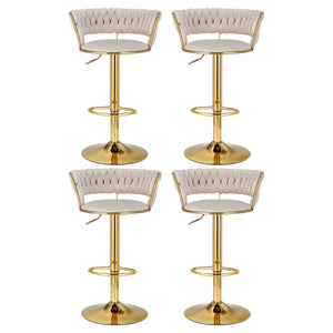 4x Bar Stools | Gas Lift | Velvet | Woven Backrest | Ivory