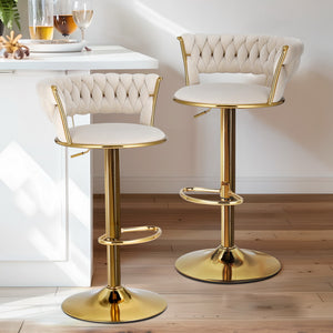 4x Bar Stools | Gas Lift | Velvet | Woven Backrest | Ivory
