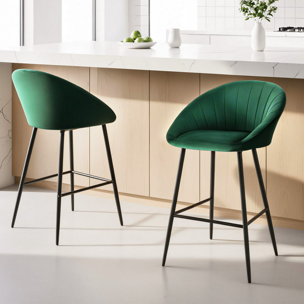 Bar Stools Set 2pc | Tub Velvet Metal Counter Stools | Green