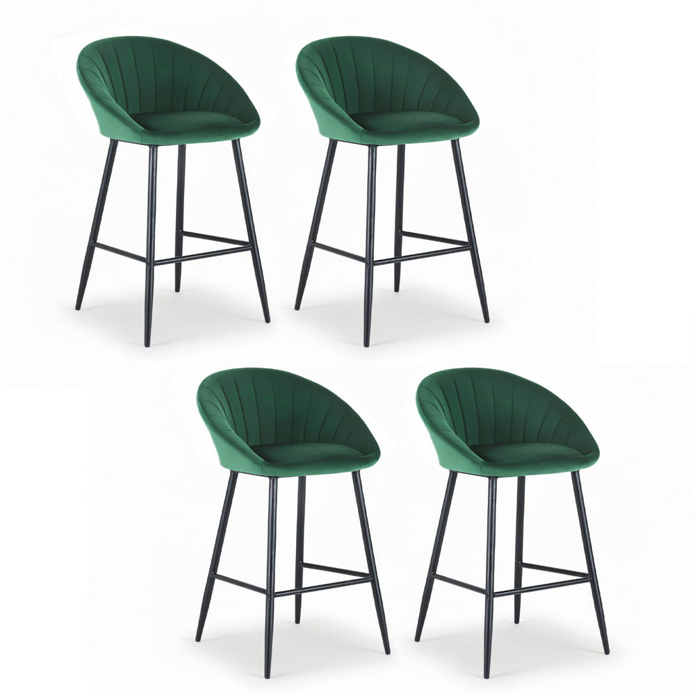 Kitchen Bar Stools Set 4pc | Tub Style | Velvet + Metal | Green