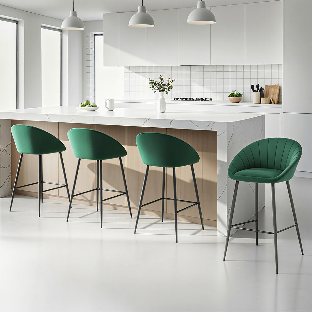 Kitchen Bar Stools Set 4pc | Tub Style | Velvet + Metal | Green