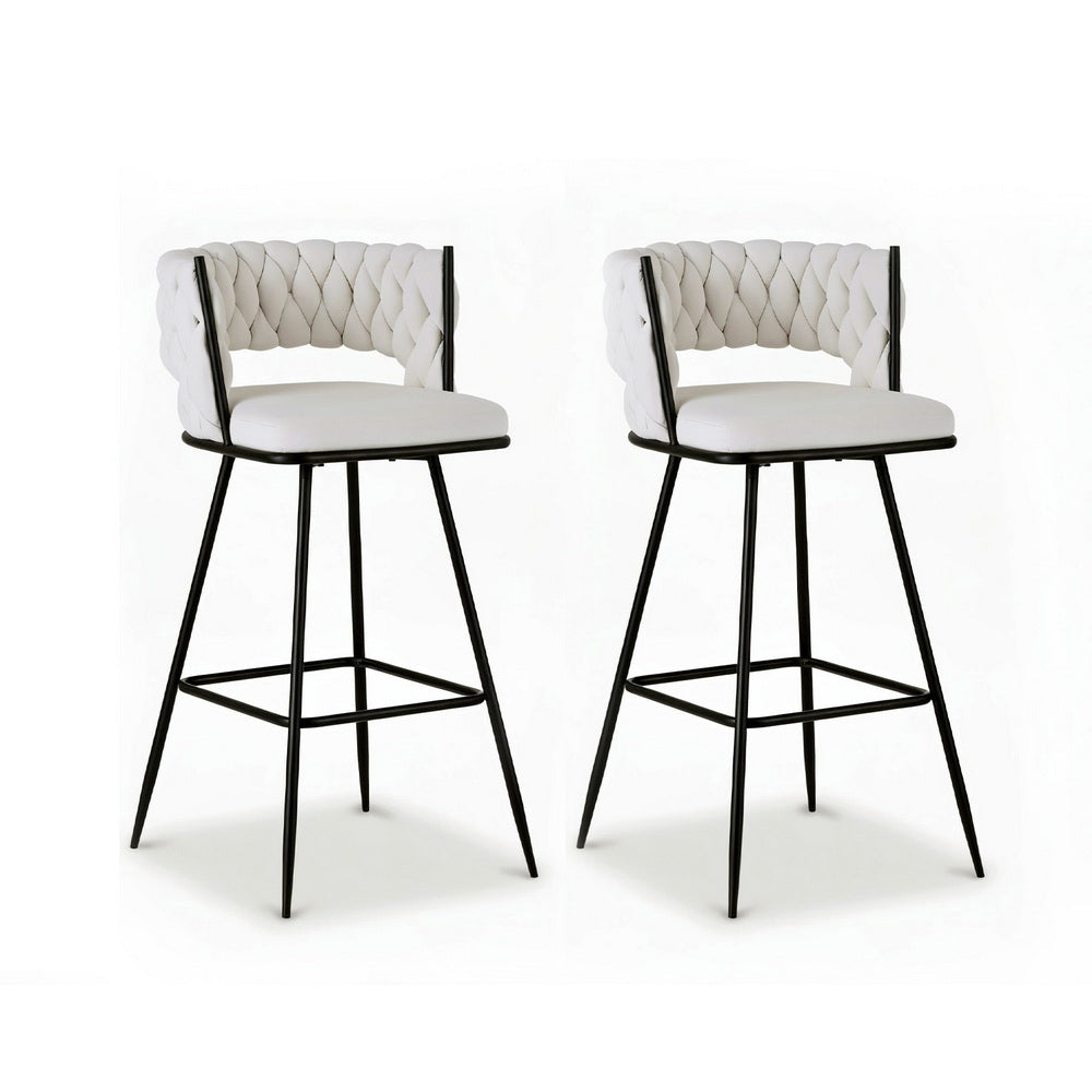 Bar Stools Set 2pc | Woven Velvet Metal Counter Stools | Ivory