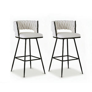 Bar Stools Set 2pc | Woven Velvet Metal Counter Stools | Ivory