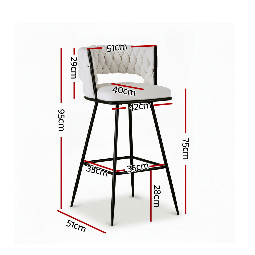 Bar Stools Set 2pc | Woven Velvet Metal Counter Stools | Ivory