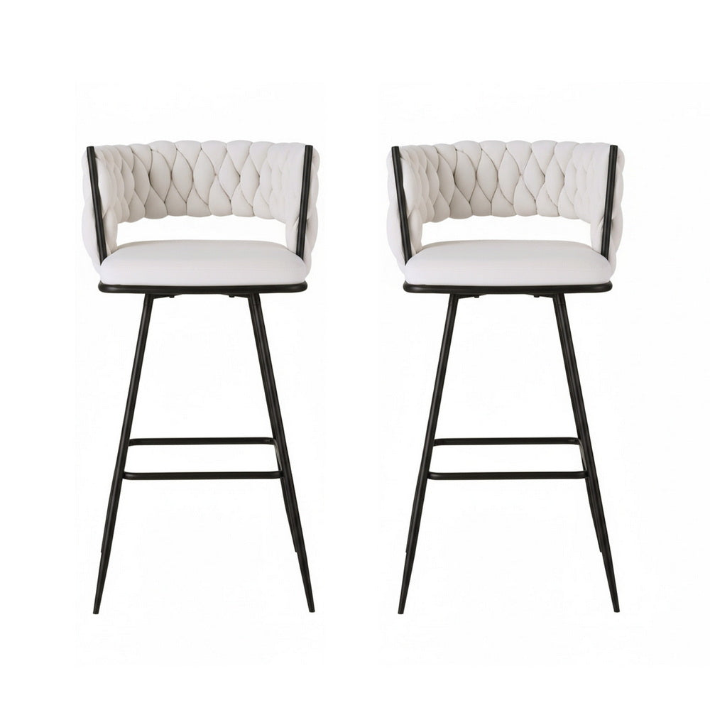 Bar Stools Set 2pc | Woven Velvet Metal Counter Stools | Ivory