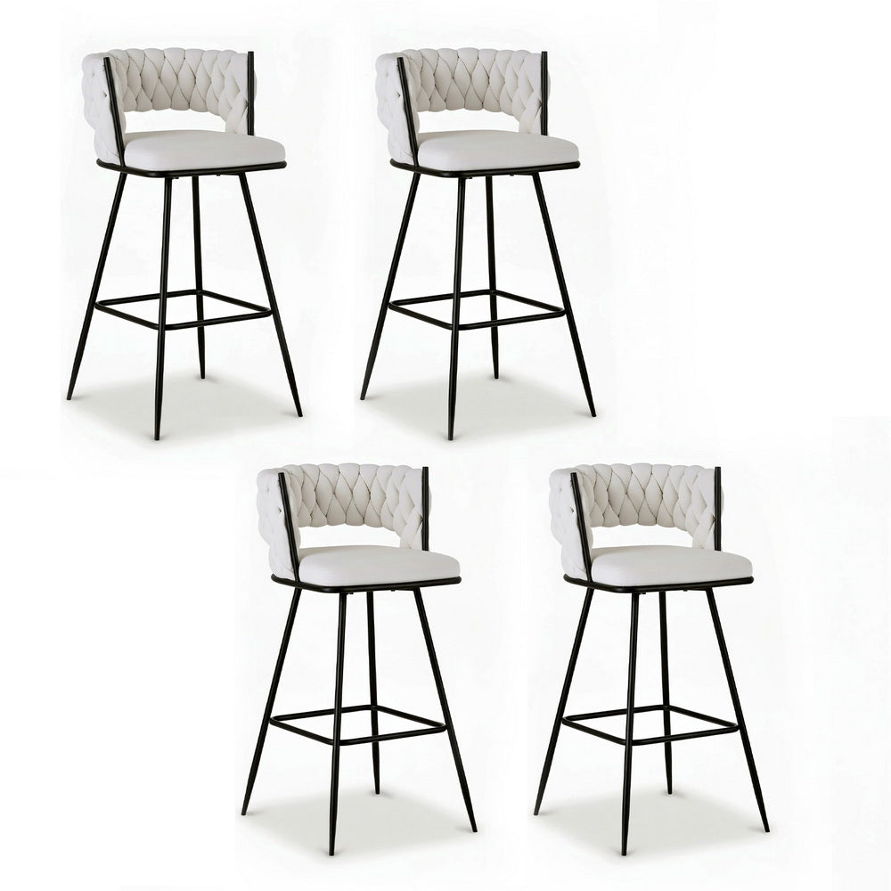Bar Stool Set 4pc | Woven Velvet Seat | Metal Frame | Ivory