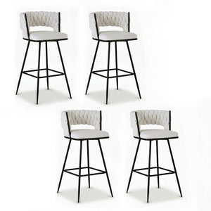 Bar Stool Set 4pc | Woven Velvet Seat | Metal Frame | Ivory