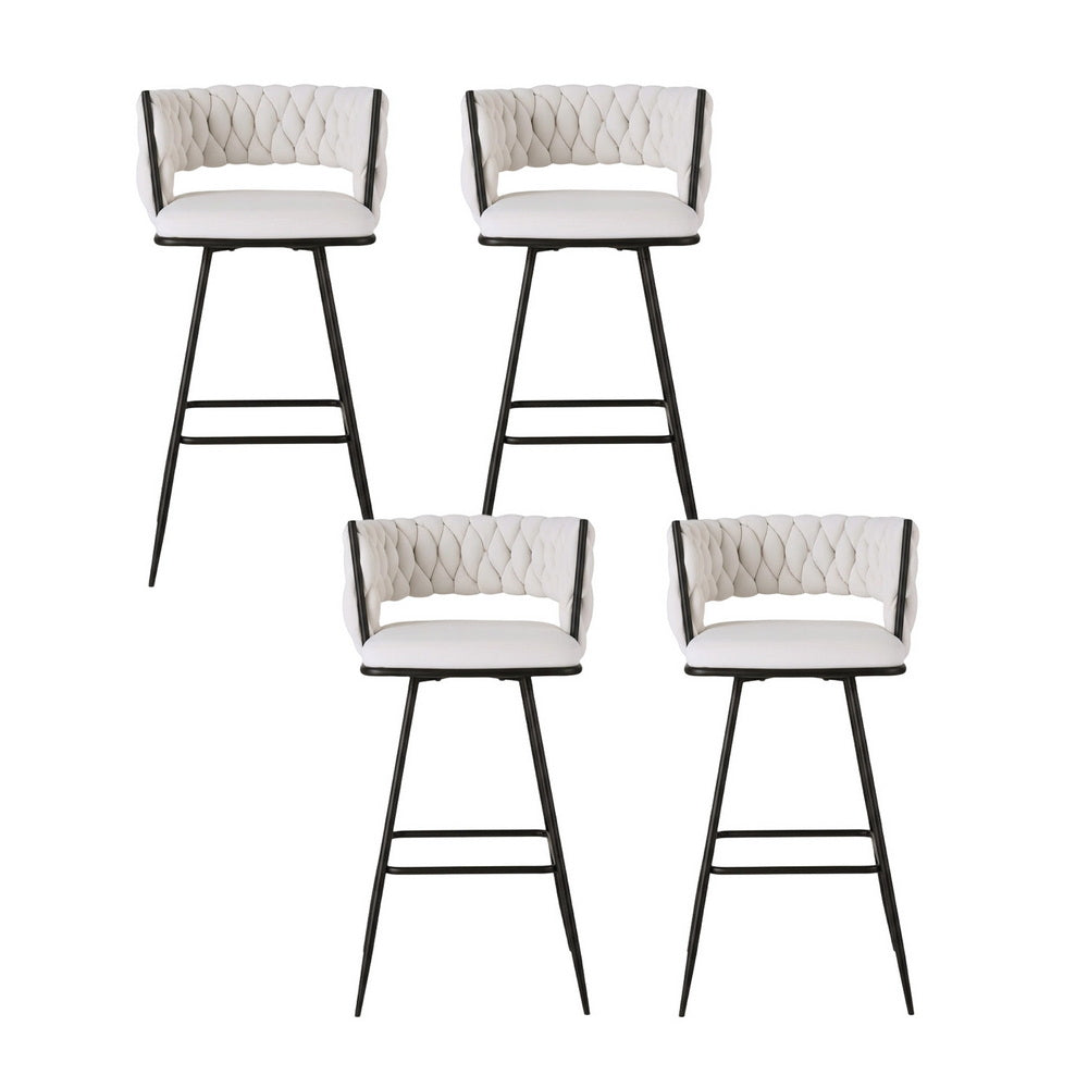 Bar Stool Set 4pc | Woven Velvet Seat | Metal Frame | Ivory